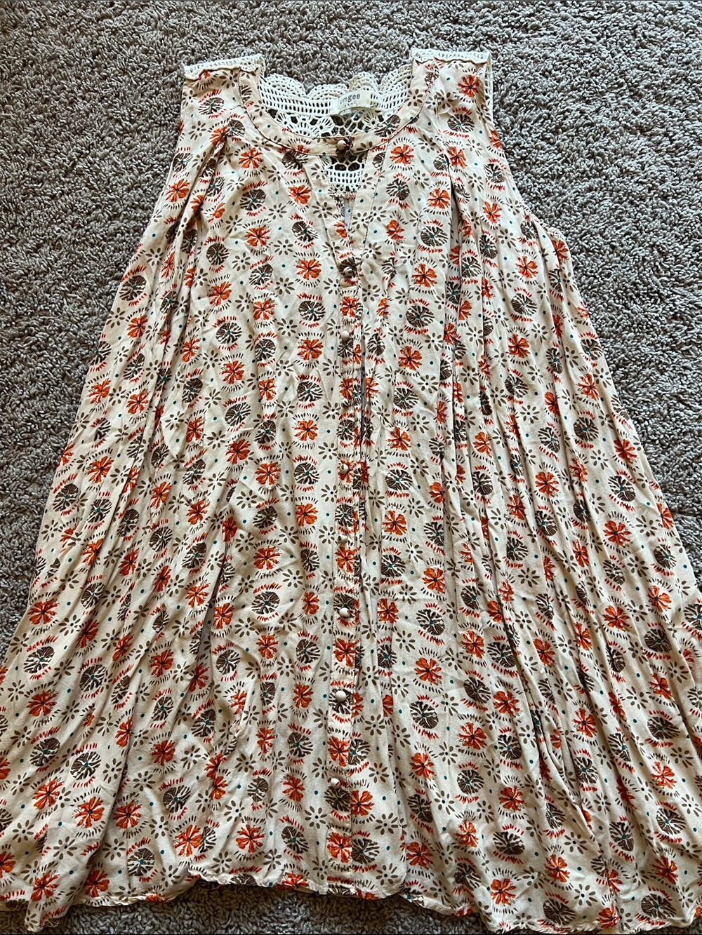 Umgee Cream Western Boho Floral Tunic or Mini Dress with Crochet Back Size L